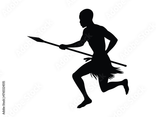 Silhouette of a tribal warrior running with a spear in a dynamic pose