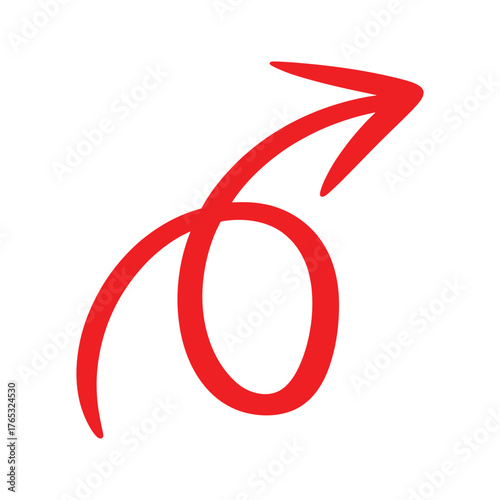 Hand drawn red arrow with a swirl and loop pointing upwards and to the right