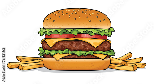Illustration of a double cheeseburger with fries on a white background