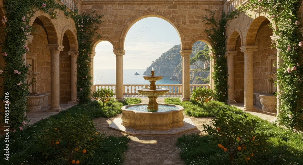Fototapeta premium Stone courtyard with central fountain overlooks sunlit coastal landscape through arches