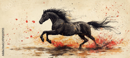 Watercolor and ink illustration of a powerful black horse galloping through splattering paint.