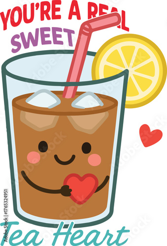You re a Real Sweet tea Heart - Cute Valentine fun food clipart, Food Pun Quotes design, Funny Couple Food Graphic, Kawaii Food Pun illustration
