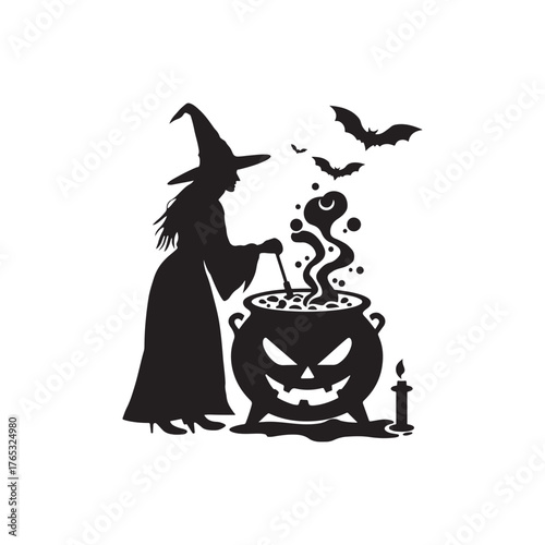 spooky witch stirring a bubbling potion in a jack-o'-lantern cauldron vector silhouette.
