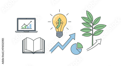 Illustration of business growth concepts including a laptop with charts, an open book, a lightbulb with a growing plant, and upward trending arrows.