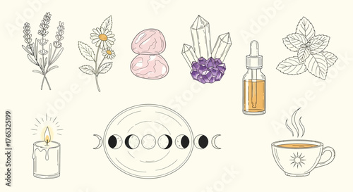 A collection of hand-drawn esoteric and wellness symbols including crystals, herbs, and moon phases.