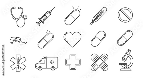 Medical and Health Care Icons Stethoscope, Syringe, Pills, Heart, Bandages, Ambulance, Microscope, Thermometer and More - Symbolizing Health and Wellness