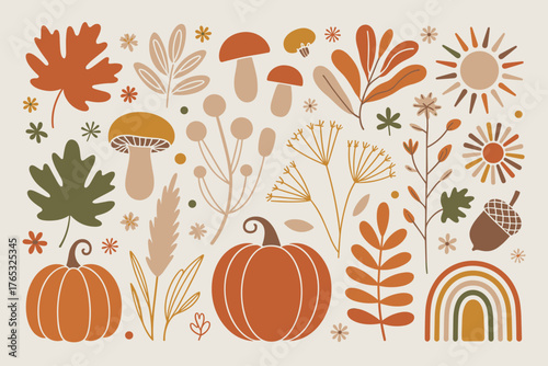 Cozy Fall Botanical Sticker Pack – Pumpkin, Leaf, Mushroom & Rainbow Clipart