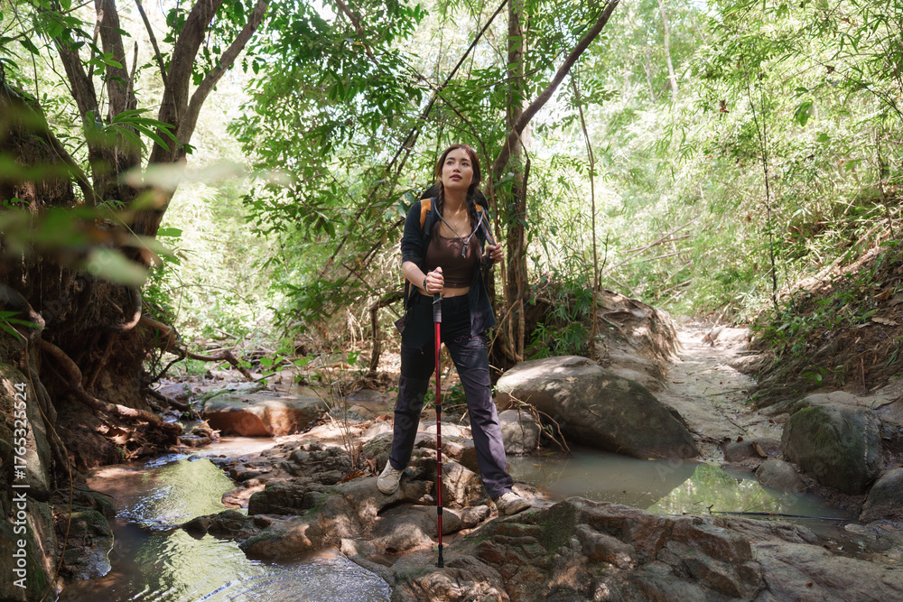 Obraz premium Young woman exploring stream during forest trekking expedition