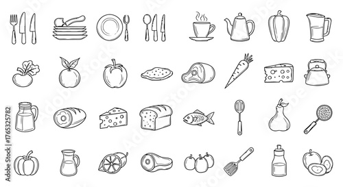 Collection of Hand-Drawn Food and Kitchen Utensil Icons for Culinary and Design Projects