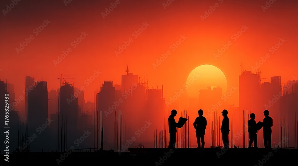 Fototapeta premium City Sunset Silhouette: A group of individuals stand in silhouette against a fiery sunset, the cityscape creating a striking contrast and atmosphere of contemplation or planning.