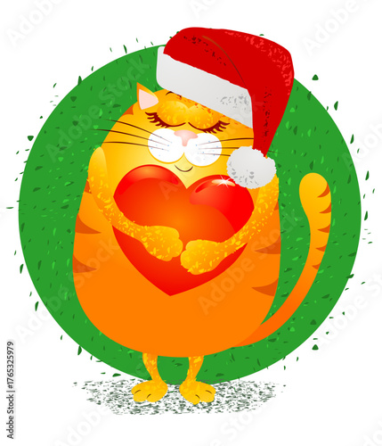 Cartoon cat with Santa Claus's hat, Christmas illustration. Vector image