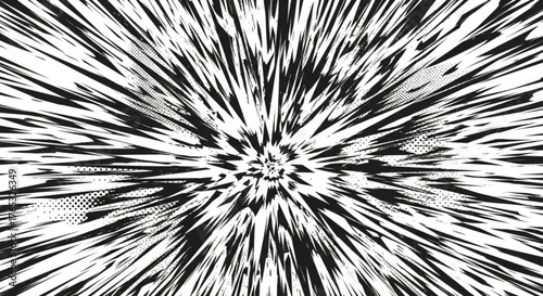 Abstract black and white explosion background vector design with halftone effect and radial burst lines art