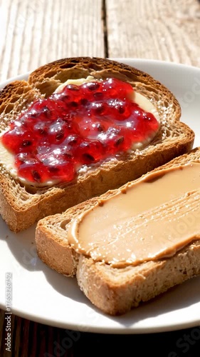 Wallpaper Mural Close Up of Toast With Peanut Butter and Raspberry Jam on Wooden Table Torontodigital.ca