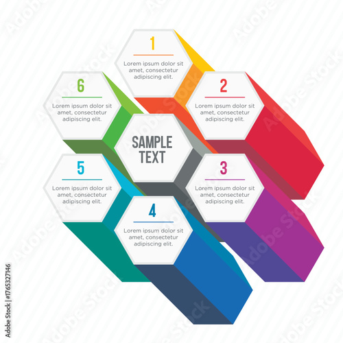 Hexagonal infographic with six numbered steps and sample text for business presentations and data visualization