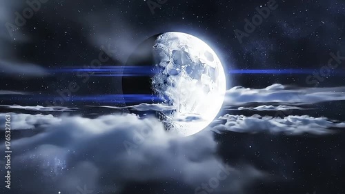 Mysterious full moon glowing brightly above fluffy clouds under a starry night sky