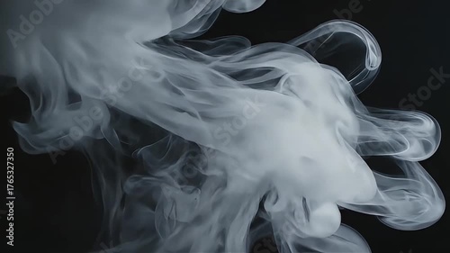 Ethereal white smoke swirls and dances against a dark, moody background.