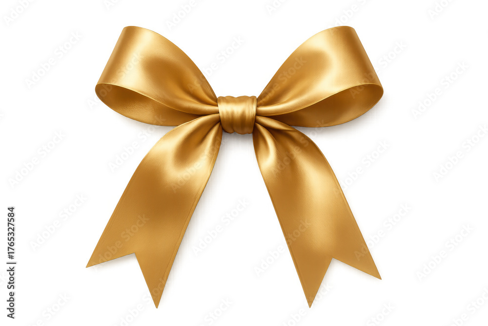 Fototapeta premium Golden satin fabric bow for celebration, christmas, or birthday gift decoration, isolated on transparent background