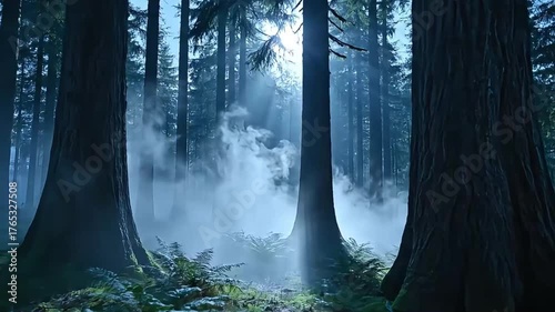 Misty forest with ethereal sunbeams piercing through ancient trees, creating a magical atmosphere.