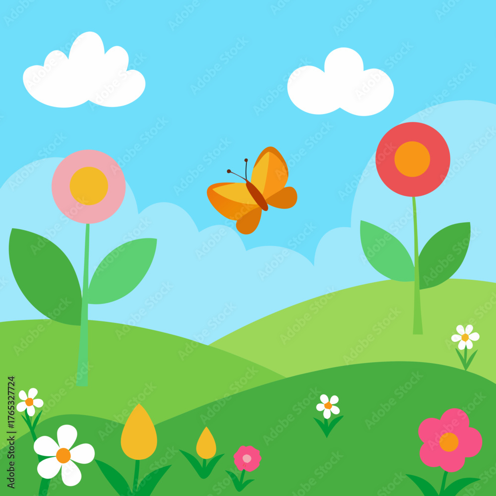 Fototapeta premium Cartoon Meadow with Flowers Vector Illustration 