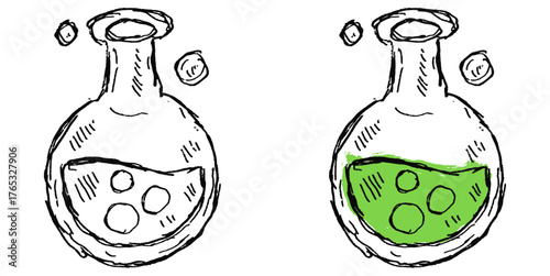 Grunge sketch handdrawn round flask vector for science, chemistry, and experimentation with a raw, distressed aesthetic. Perfect for illustrating laboratory concepts, research, and scientific tools.