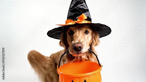 Adorable golden retriever dog dressed in a witch hat holding a Halloween candy bucket