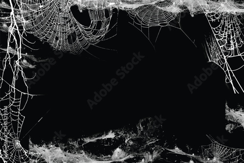 Cobweb frame. Spider web isolated on black grunge background. Halloween party. Texture of spider web. Halloween decoration. Gothic style Copy space	