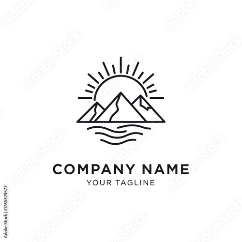 Minimalist line art logo featuring a sunrise over mountains and water, with space for company name and tagline.
