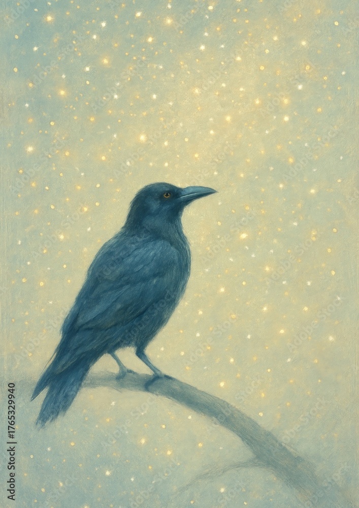 Fototapeta premium Mystical crow amidst golden stars.