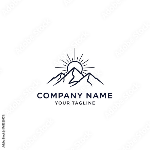 Minimalist line art logo featuring mountains with a sun rising behind them.