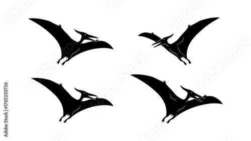 Four Black Silhouette Pterodactyls Flying on White Background