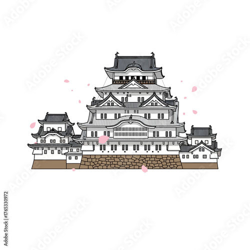 A detailed illustration of a traditional Japanese castle with multiple tiers, surrounded by floating pink cherry blossom petals.