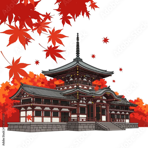 Illustration of a traditional Japanese temple with a pagoda surrounded by vibrant autumn maple leaves.