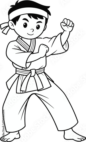 Child martial arts illustration, karate taekwondo training drawing, sports activity sketch, discipline artwork, fitness graphic, educational martial design, cultural tradition art