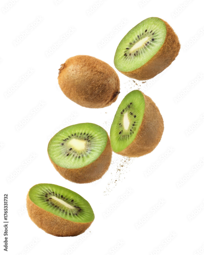 Fototapeta premium Fresh green kiwi fruit falling, healthy and juicy food slice. vibrant and refreshing isolated composition for healthy diet concept