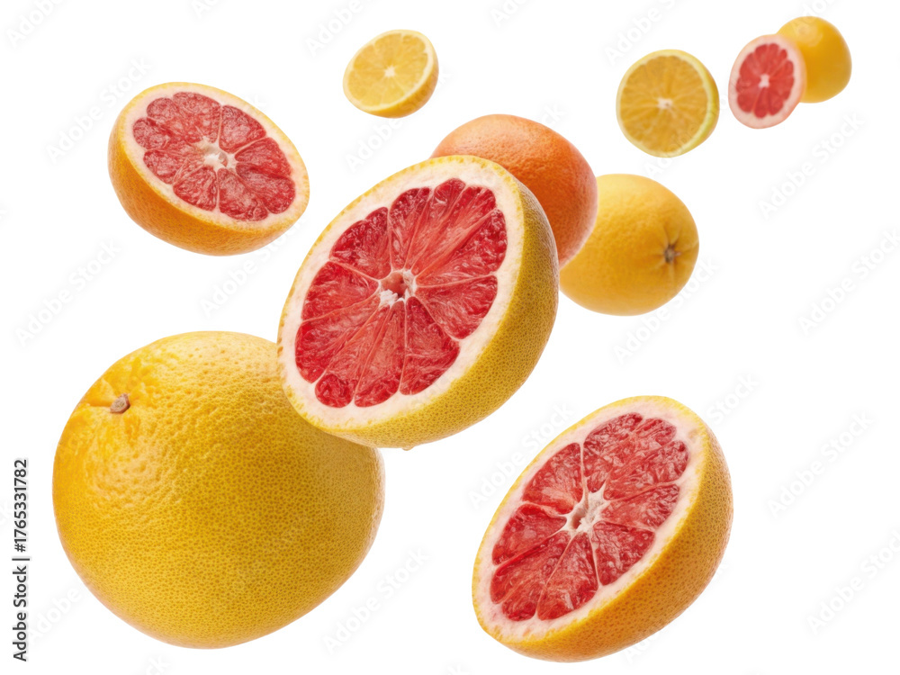 Fototapeta premium Fresh red grapefruit and citrus fruit composition. vibrant slice of healthy juicy food with vitamin C isolated on transparent background