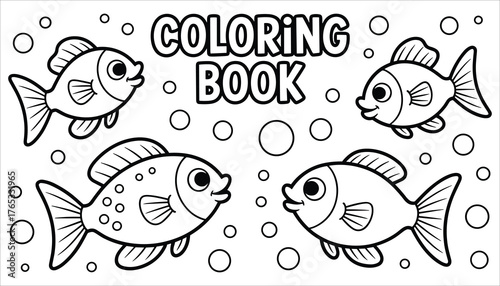 Four cartoon fish and bubbles with coloring book text drawing illustration