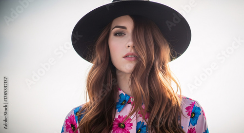 A beautiful young woman with long, wavy brown hair and a floral shirt, wearing a black fedora hat, looking at the camera with a soft expression