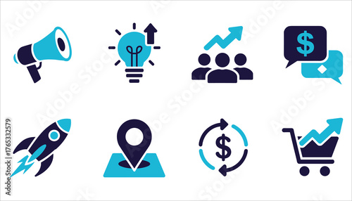 Set of eight dark blue and cyan business concept icons on white finance marketing