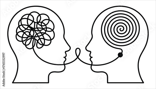 Two heads in profile facing each other with tangled lines and spiral inside communication connection