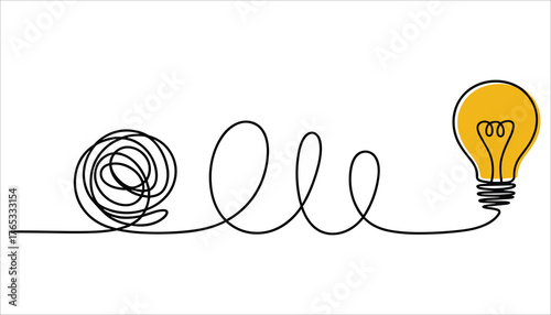 Yellow light bulb with tangled black line on white background idea thinking