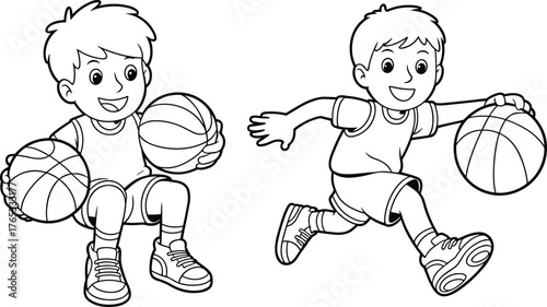 Children basketball illustration, kids sports drawing, childhood fitness sketch, athletic activity artwork, basketball dribbling graphic, fun exercise design, educational sports art