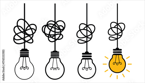 Four hanging lightbulbs one lit yellow with radiating lines and tangled cords idea concept