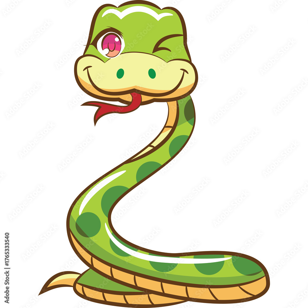 Naklejka premium Winking Green Cartoon Snake With Pink Eye And Red Tongue Sticking Out Against A Transparent Background