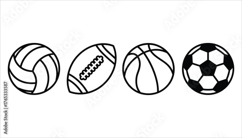 Black and white line art icons of four different sports balls volleyball american football