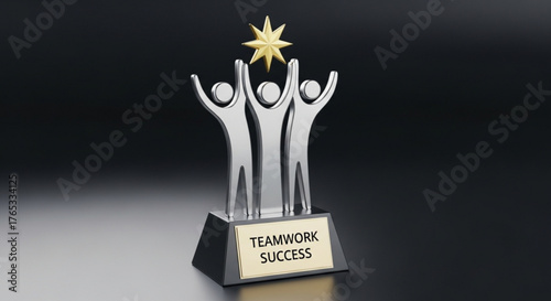 Silver teamwork success trophy with golden star on symbolizing collaboration, achievement, and corporate success