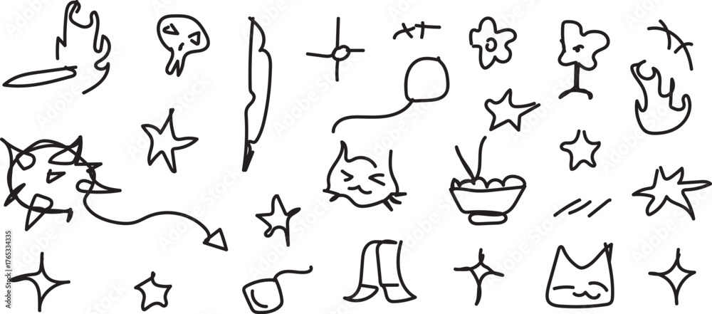 Obraz premium Hand Drawn Doodle Icon Set – Cute Sketch Elements, Fish, Stars, Flowers and Symbols Collection