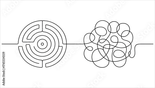 Circular maze transitioning into tangled lines on white background labyrinth