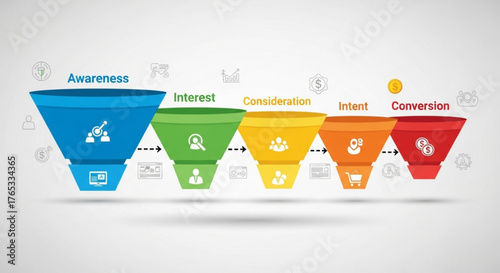 Sales funnel diagram illustrating the customer journey from awareness to conversion stages include interest, consideration, and intent