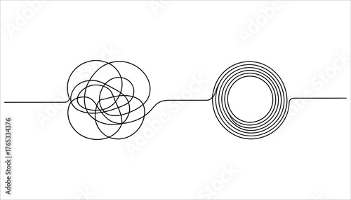 Tangled line transforming into concentric circles on white background line art abstract