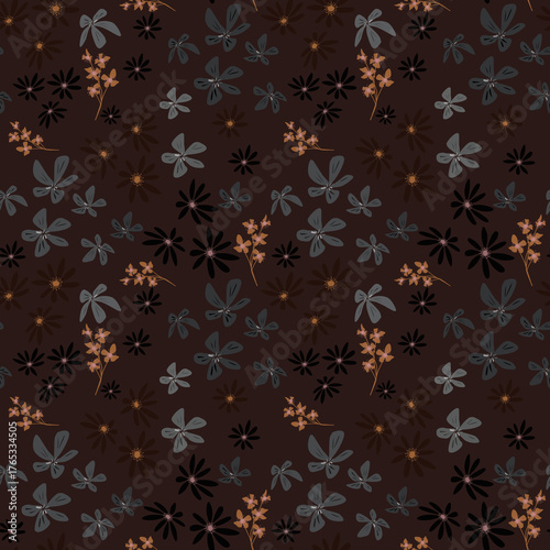 Seamless retro floral pattern. Gray and orange flowers on a dark brown background.